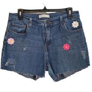 Upcycled Levi 515 Distressed Floral Patched Denim Jean Short